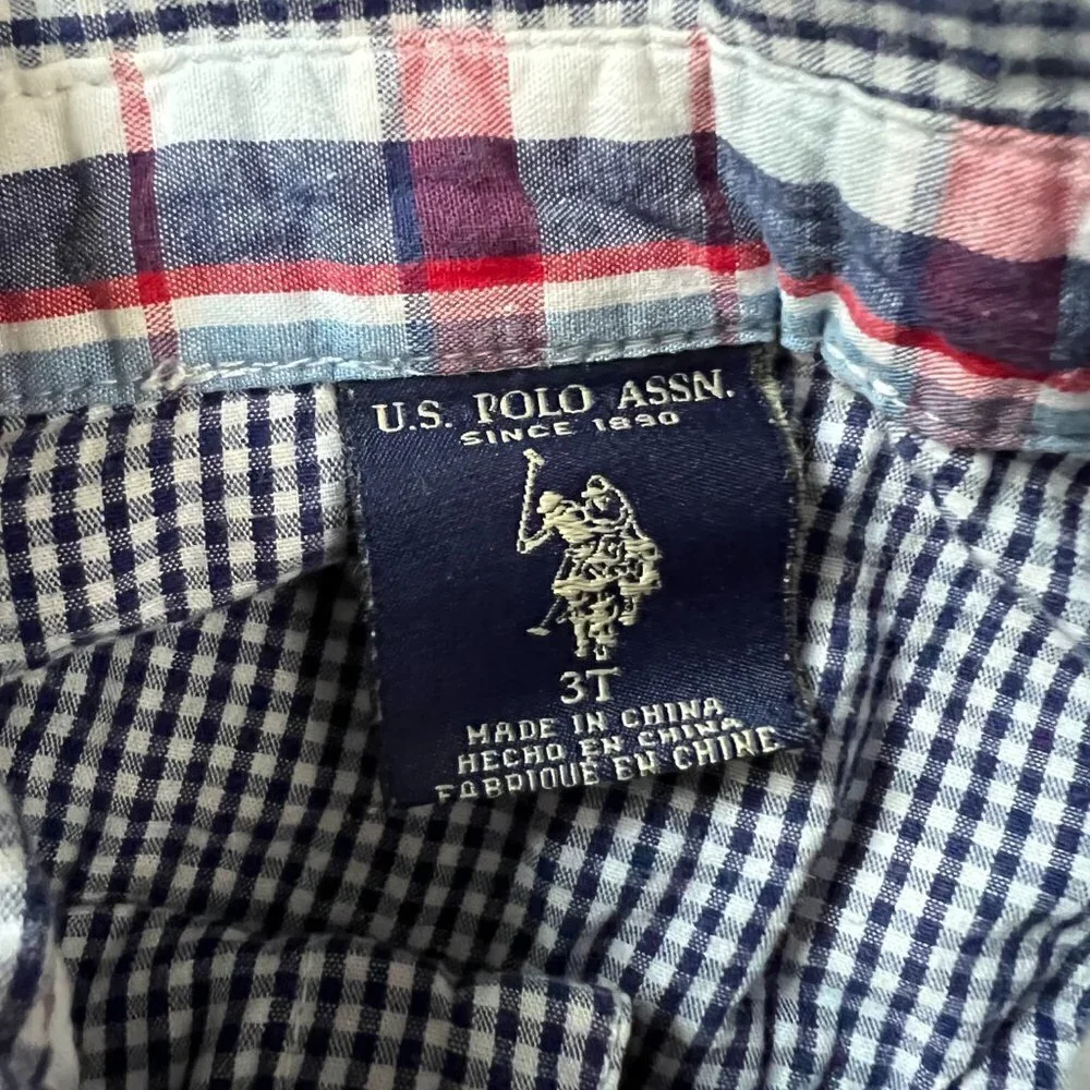 US Polo Assn Blue Gingham Embroidered Long Sleeve Button #3 Shirt Sz 3T